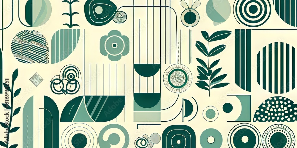 a modern line art pattern of various geometric shapes and patterns, featuring flowers in shades of green on an off white background. a modern line art pattern of various geometric shapes and patterns, featuring flowers in shades of green on an off white background.