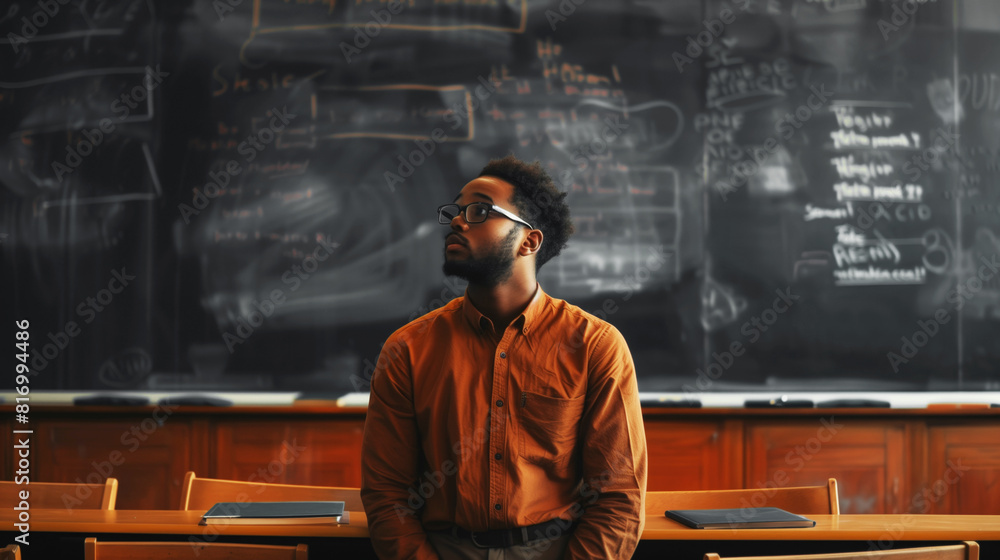 A student in an orange shirt sits in a classroom, looking thoughtful. The background features a blackboard with complex equations and notes. A student in an orange shirt sits in a classroom, looking thoughtful. The background features a blackboard with complex equations and notes.
