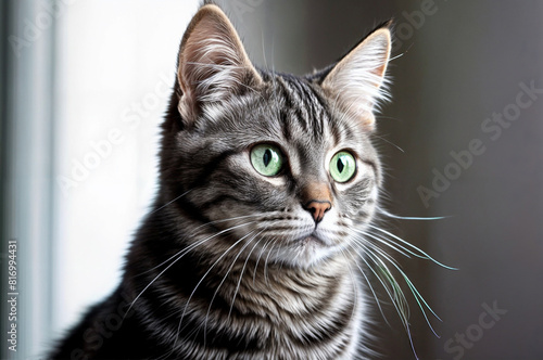 Gray domestic feline large emerald green eyes dominating the composition seated. Generative AI.