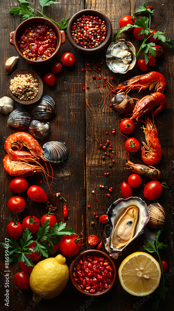 Top view of sea foods,super foods, in a wood table, empty space un the middle for text_35 Top view of sea foods,super foods, in a wood table, empty space un the middle for text_35