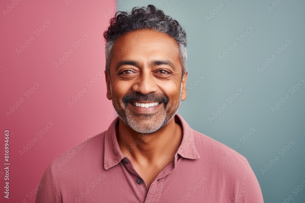 Portrait of a satisfied indian man in his 40s smiling at the camera in pastel or soft colors background Portrait of a satisfied indian man in his 40s smiling at the camera in pastel or soft colors background