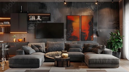 Contemporary Living Room with Abstract Expressionist Triptych and Industrial Chic Accents