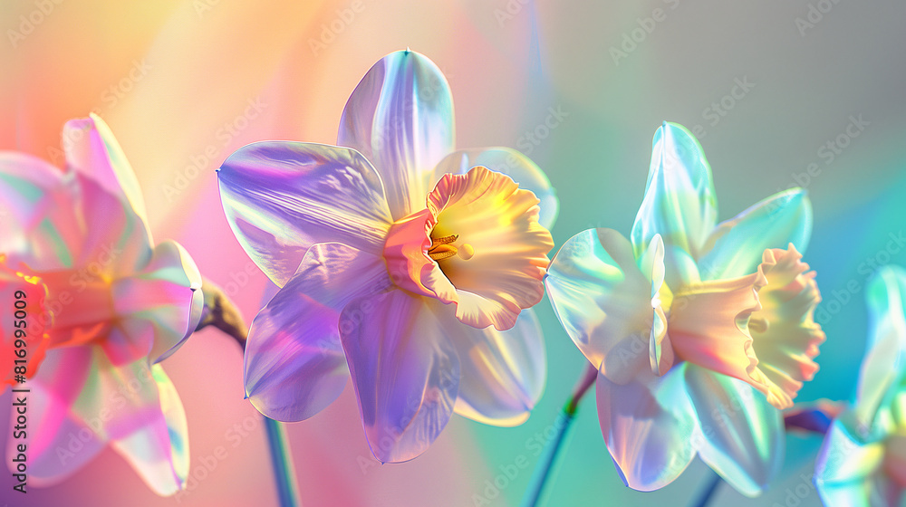 3 colorful daffodil flowers in 3D surreal style on gradient holographic rainbow background with copy-space for text. Background series for summer and spring floral. 3 colorful daffodil flowers in 3D surreal style on gradient holographic rainbow background with copy-space for text. Background series for summer and spring floral.