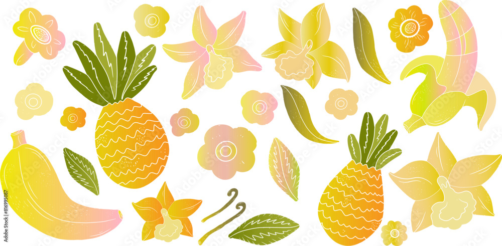 Pineapples, bananas, vanilla. Linocut style. Colored gradient fruits. Tropical exotic set. Texture vector elements Pineapples, bananas, vanilla. Linocut style. Colored gradient fruits. Tropical exotic set. Texture vector elements