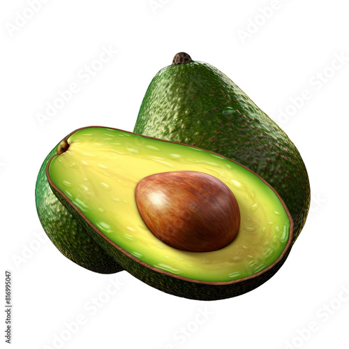 3D rendering of a fresh green avocado. The avocado is cut in half, revealing the brown pit and light green flesh., png , transparent photo