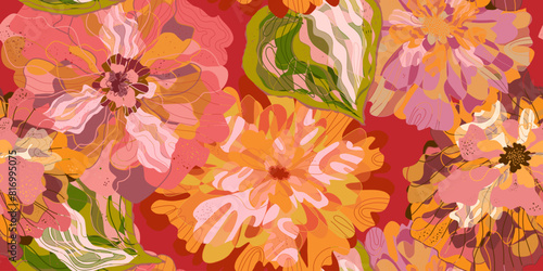 Mosaic stylized blooming flowers and leaves in Japanese style vector seamless pattern spring motifs ornament. Retro style.