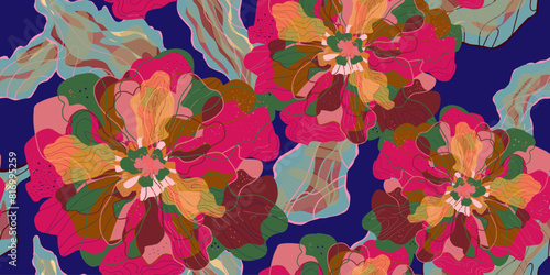 Mosaic stylized blooming flowers and leaves in Japanese style vector seamless pattern spring motifs ornament. Retro style.