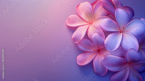 3 pink frangipani flowers in 3D surreal style on gradient holographic gradient pink and purple background with copy-space for text. Background series for summer and spring floral.