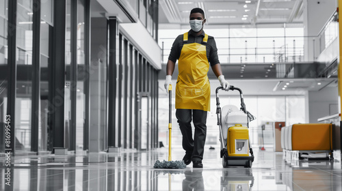 A janitor wearing a mask and gloves is cleaning the floor in a modern building hallway using a mop and a floor cleaning machine.