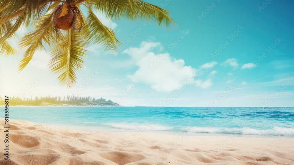 Blue sky with tropical water and young coconut palm tree on white sand beach. Summer Tropical Background.