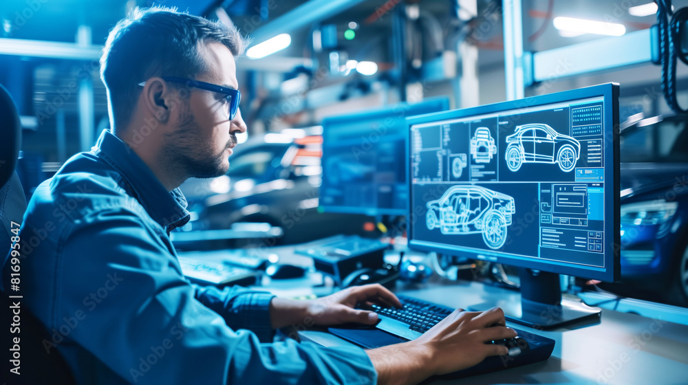 A man wearing glasses is working on a computer with automotive CAD designs displayed on dual monitors. The setting appears to be an engineering or automotive design office. A man wearing glasses is working on a computer with automotive CAD designs displayed on dual monitors. The setting appears to be an engineering or automotive design office.