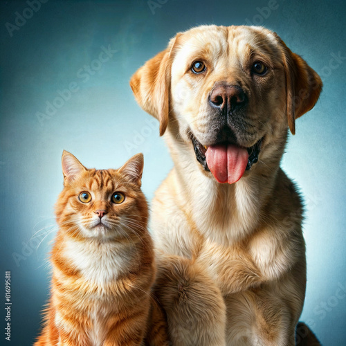 Labrador retriever dog panting and ginger cat sitting in front of  blue gradient background .GenerativeAI