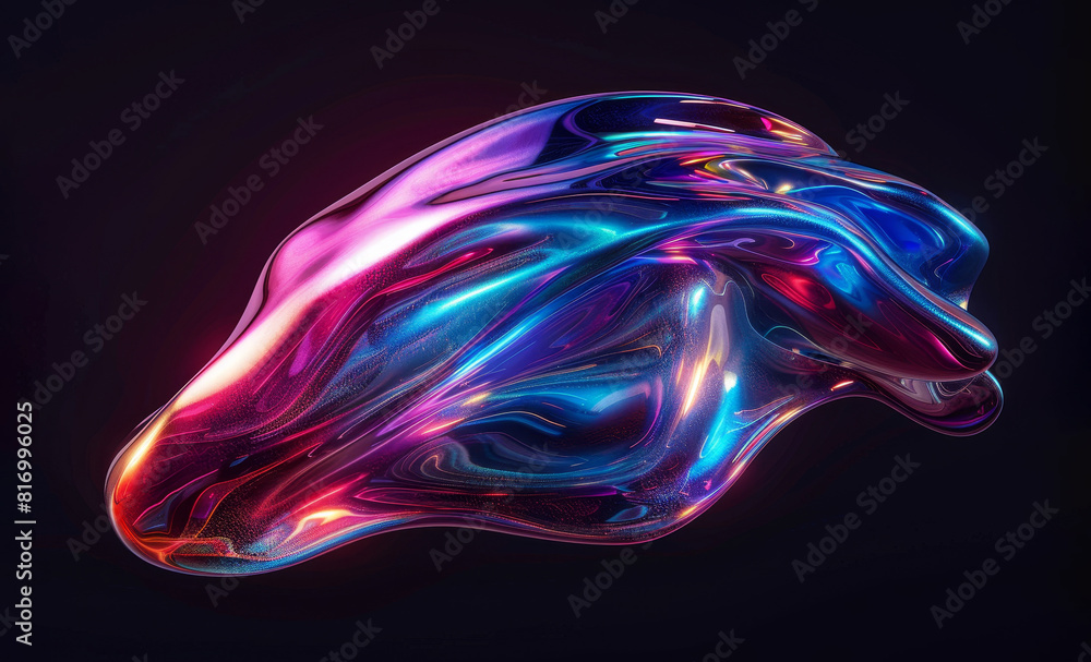 Fototapeta premium Colorful holographic fluid shape in 3D render isolated on a black background