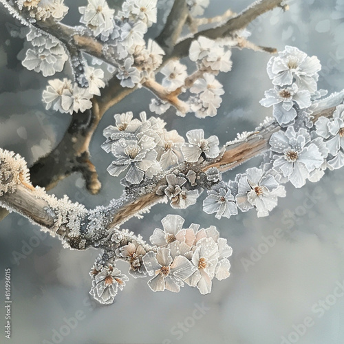 Close-Up Intricate Watercol Crystals Branch Ice photo