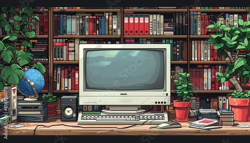 A pixel art illustration of a retro computer setup in a home office
