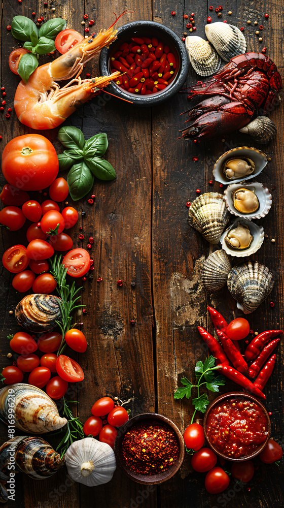 Top view of sea foods,super foods, in a wood table, empty space un the middle for text_27 Top view of sea foods,super foods, in a wood table, empty space un the middle for text_27