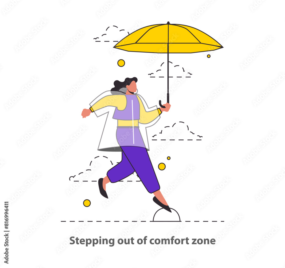 Comfort Zone Departure concept An individual strides forward, umbrella in hand, symbolizing a bold move into the unknown A powerful visual metaphor for change and bravery Vector illustration Comfort Zone Departure concept An individual strides forward, umbrella in hand, symbolizing a bold move into the unknown A powerful visual metaphor for change and bravery Vector illustration