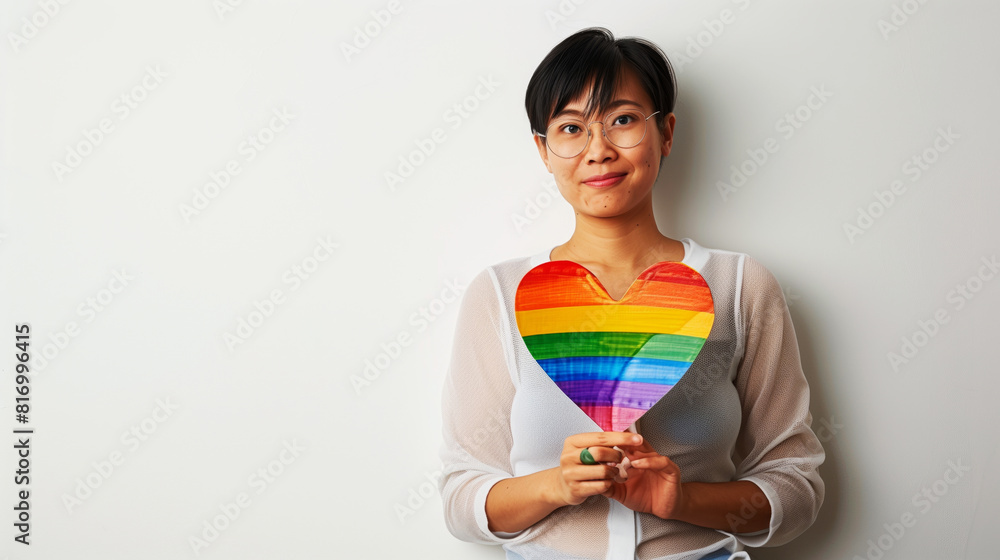 Person holding a rainbow-colored heart symbol, standing against a white background, promoting LGBTQ+ pride and acceptance. Person holding a rainbow-colored heart symbol, standing against a white background, promoting LGBTQ+ pride and acceptance.