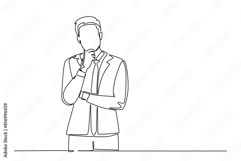 Continuous one line drawing front view of young startup founder standing and thinking about business strategy for office meeting. Business ideas concept. Single line design vector graphic illustration Continuous one line drawing front view of young startup founder standing and thinking about business strategy for office meeting. Business ideas concept. Single line design vector graphic illustration