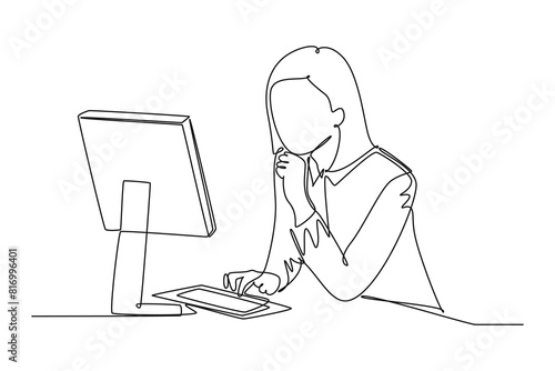 Continuous one line drawing young female manager sitting calmly in front of laptop and thinking of business strategy at the office. Business idea. Single line draw design vector graphic illustration