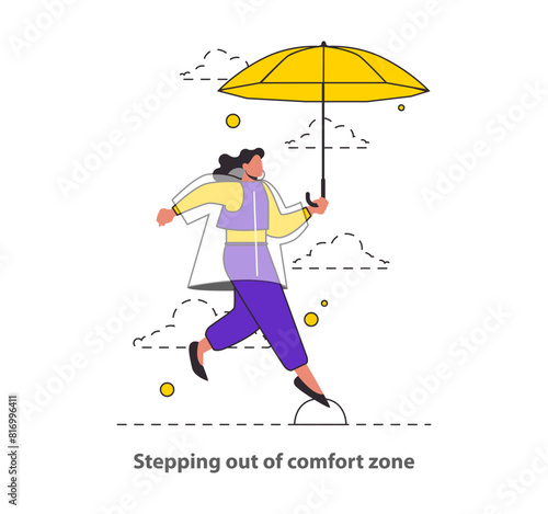 Comfort Zone Departure concept An individual strides forward, umbrella in hand, symbolizing a bold move into the unknown A powerful visual metaphor for change and bravery Vector illustration