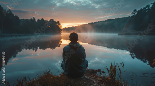Contemplative man sitting by a serene misty lake at dawn