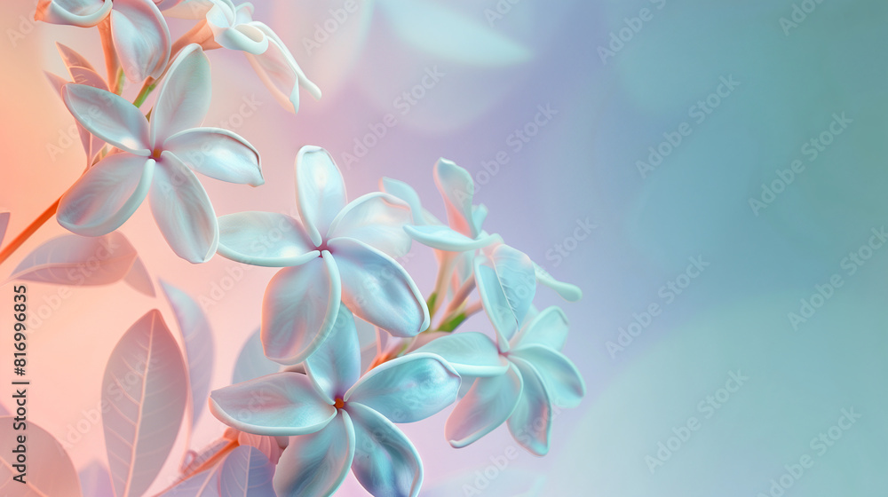 White jasmine flowers in 3D surreal style on gradient holographic rainbow background with copy-space for text. Background series for summer and spring floral. White jasmine flowers in 3D surreal style on gradient holographic rainbow background with copy-space for text. Background series for summer and spring floral.