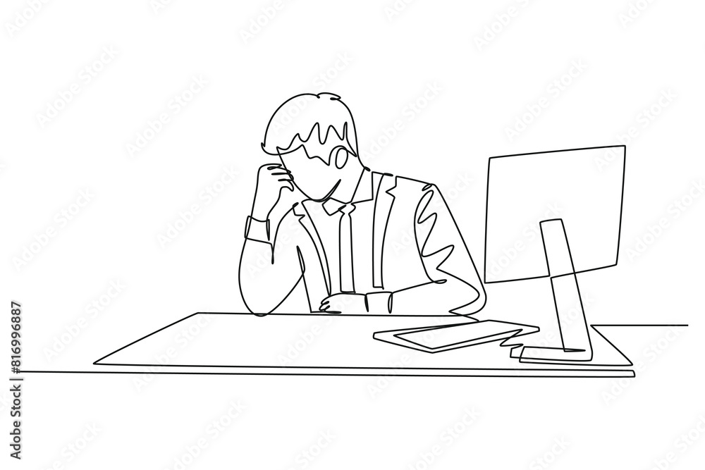 Single continuous line drawing young tired pensive male employee with work overload. He is seriously reading and staring at sales data. Work overtime. One line draw graphic design vector illustration Single continuous line drawing young tired pensive male employee with work overload. He is seriously reading and staring at sales data. Work overtime. One line draw graphic design vector illustration