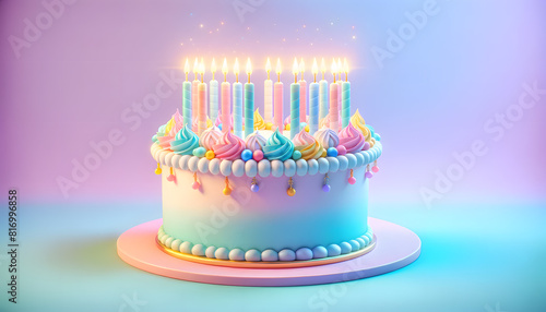  a birthday cake with a minimalist style  featuring bright pastel colors. The cake is placed against a gradient background that transitions from soft lilac to a gentle aqua blue  adding a lively and c