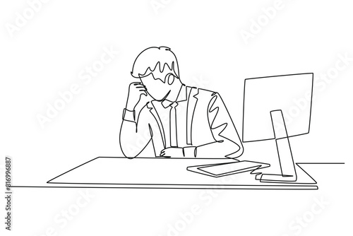 Single continuous line drawing young tired pensive male employee with work overload. He is seriously reading and staring at sales data. Work overtime. One line draw graphic design vector illustration