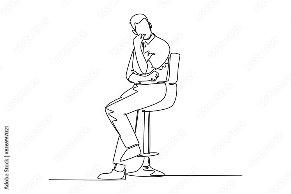 Single one line drawing young male startup founder sitting on office chair and focus thinking about company growth strategy. Business thinking. Continuous line draw design graphic vector illustration