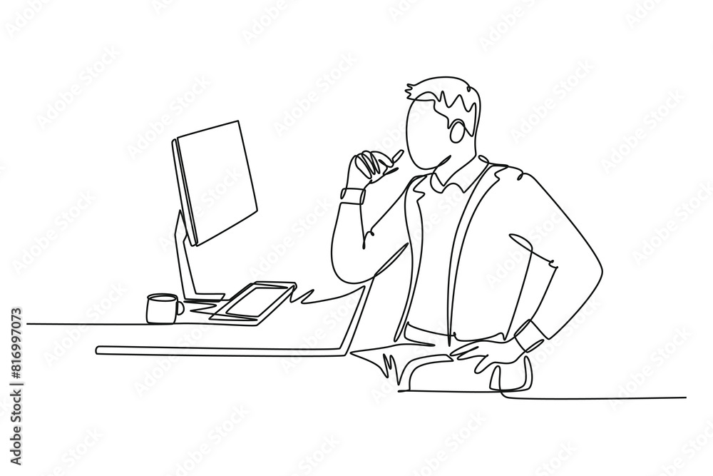 Single one line drawing young manager thinking seriously at his desk in front the monitor computer. Business innovation process concept. Modern continuous line draw design graphic vector illustration Single one line drawing young manager thinking seriously at his desk in front the monitor computer. Business innovation process concept. Modern continuous line draw design graphic vector illustration