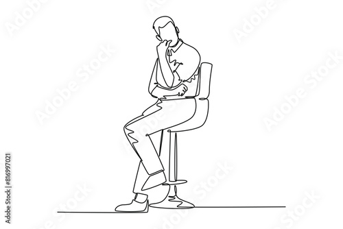 Single one line drawing young male startup founder sitting on office chair and focus thinking about company growth strategy. Business thinking. Continuous line draw design graphic vector illustration