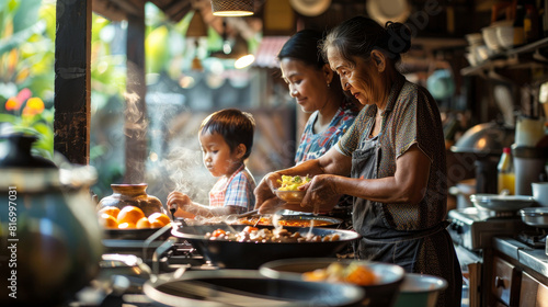 Family of three generations preparing a meal in a rustic kitchen, amid traditional cooking pots and natural light