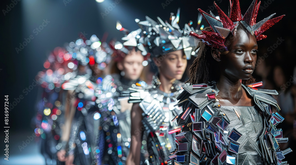 Futuristic runway show featuring models in avant-garde attire with metallic and reflective embellishments Futuristic runway show featuring models in avant-garde attire with metallic and reflective embellishments