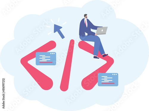 full stack developer, programmer, website and software development. IT staff. a worker or employee who works and coding or creating programs using a laptop. illustration concept design. element

