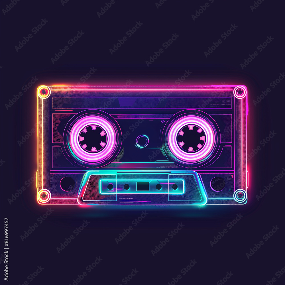 a vibrant neon rendition of a cassette tape, evoking fond memories of the 90s

