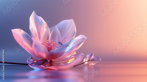 A crystal lilac flower in 3D surreal style on gradient holographic pink and purple background with copy-space for text. Background series for summer and spring floral.