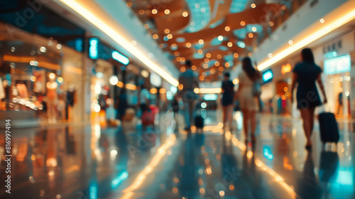 Blurred image of people walking with luggage in a brightly lit shopping mall or airport, featuring modern architecture and glowing store lights.
