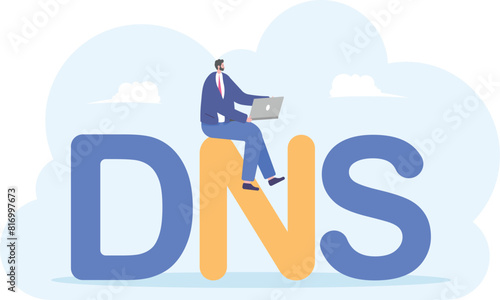 DNS or Domain Name System. explore the virtual world with the internet. a man using a laptop and using a public dns server. secure network and technology. illustration concept design. graphic elements