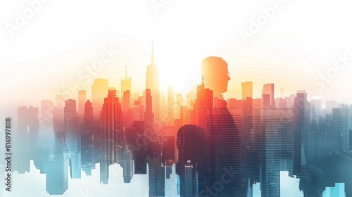 White background highlight  focus on contrast  copy space  maintain bright colors  Double exposure silhouette with city skyline