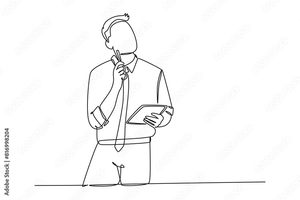 Continuous one line drawing of young manager focus thinking about his career, continuity in company after promotion. Successful career path concept. Single line draw design vector graphic illustration Continuous one line drawing of young manager focus thinking about his career, continuity in company after promotion. Successful career path concept. Single line draw design vector graphic illustration