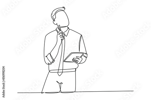 Continuous one line drawing of young manager focus thinking about his career, continuity in company after promotion. Successful career path concept. Single line draw design vector graphic illustration