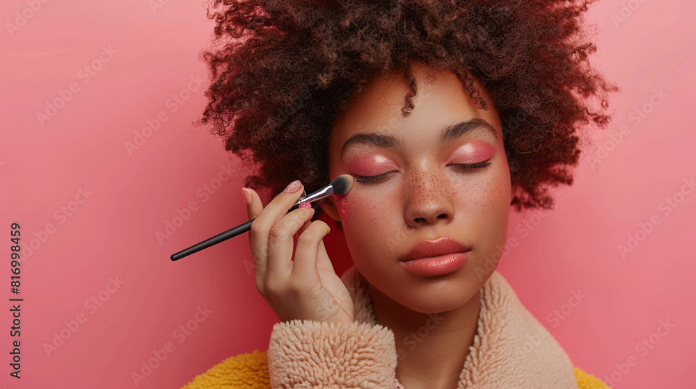 Obraz premium closeup of woman or fashion model doing her makeup with makeup brush , beauty salon concept, makeup parlour, cosmetic concept, 