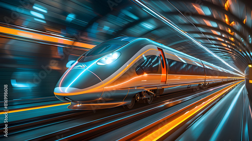 a futuristic high-speed train speeding through a brightly lit city tunnel at night. The design features sleek, modern aesthetics with reflective silver surfaces and neon accents