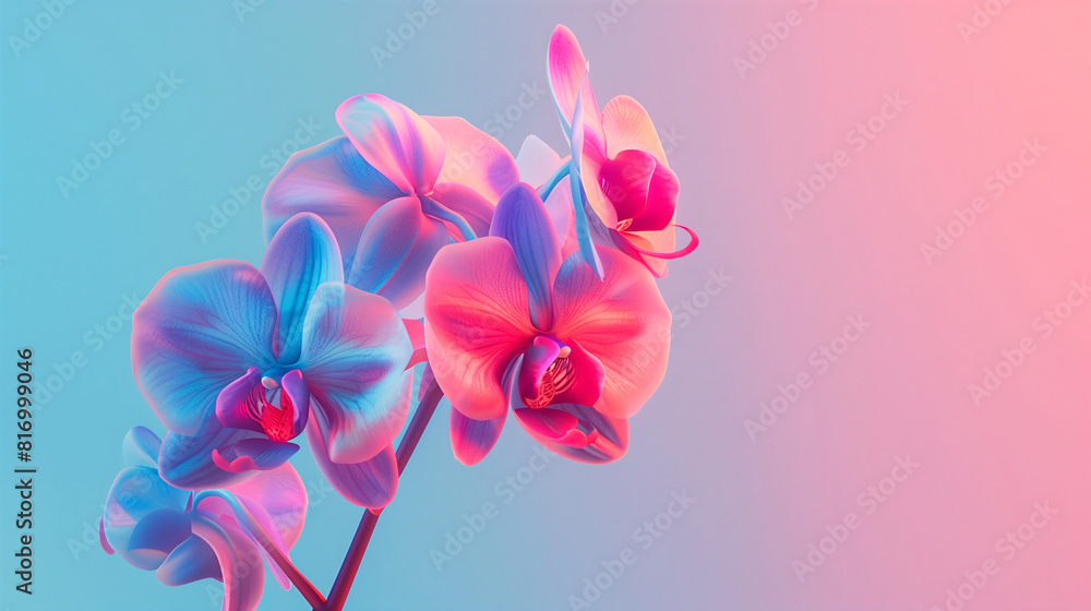Vibrant red and blue orchid flowers in 3D surreal style on gradient holographic pink and blue background with copy-space for text. Background series for summer and spring floral. Vibrant red and blue orchid flowers in 3D surreal style on gradient holographic pink and blue background with copy-space for text. Background series for summer and spring floral.