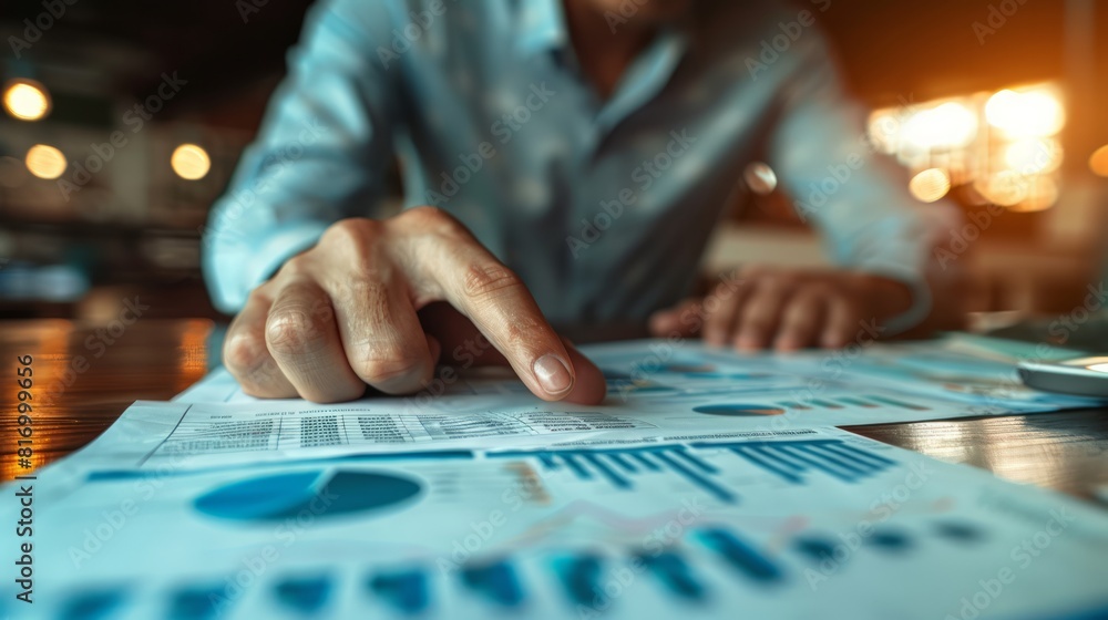 Business hand pointing at a graph on a printed report Business hand pointing at a graph on a printed report