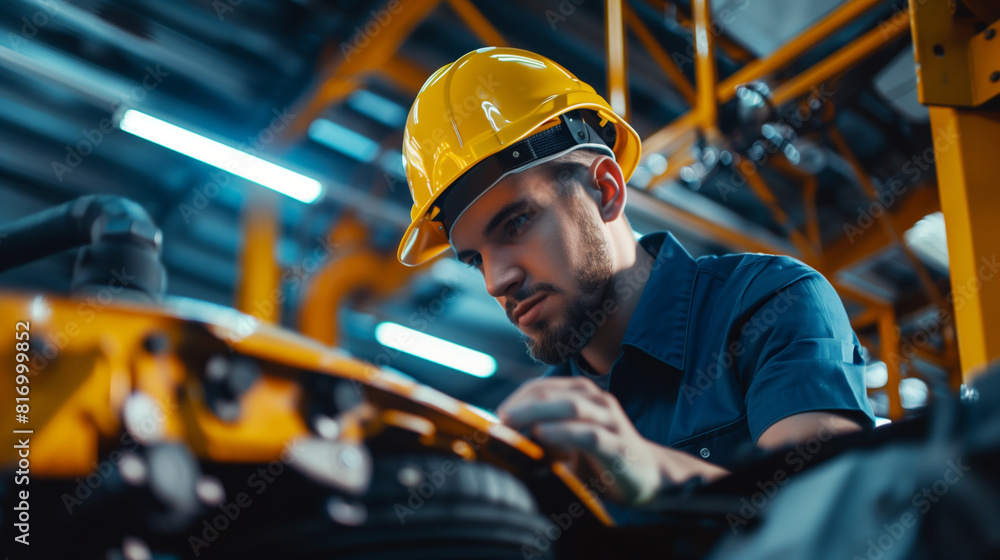A focused industrial worker in a yellow hard hat and blue uniform inspecting machinery in a factory setting with industrial equipment and bright lighting in the background. A focused industrial worker in a yellow hard hat and blue uniform inspecting machinery in a factory setting with industrial equipment and bright lighting in the background.
