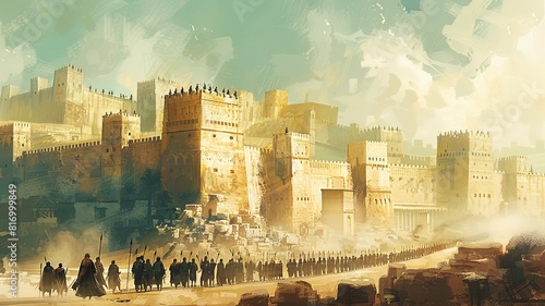 A minimalist graphic depiction of the historic event showcasing the Jewish army marching around Jericho, portrayed with clean lines and abstract forms, capturing the essence of the ancient biblical 