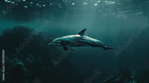 dolphin underwater on blue ocean background looking at you © Terablete